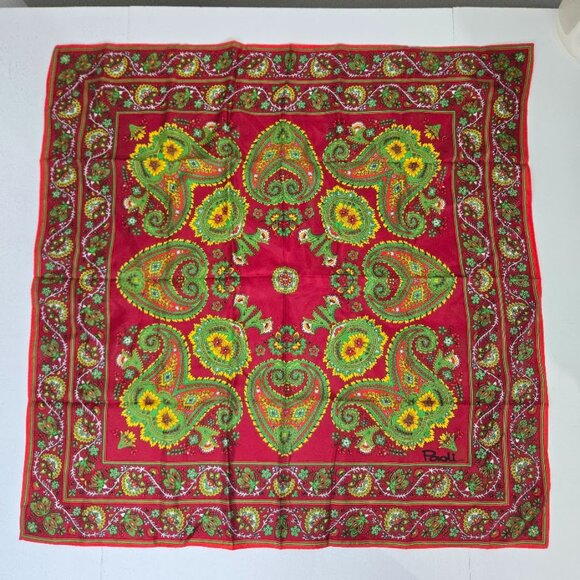 Vintage Paoli Red Green Floral Geometric Square Scarf 27" Old Money Chic Preppy - Picture 1 of 9